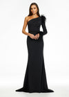 Black ASHLEYlauren 11131 One-Shoulder Scuba Gown with Feather Details, Heat-Set Stones, Crystal Belt, and Elegant Train
