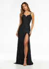 Black ASHLEYlauren 11145 Lace Gown with Spaghetti Straps, Lace Applique, Heat Press Stones, Lace-Up Back, and Left Leg Slit