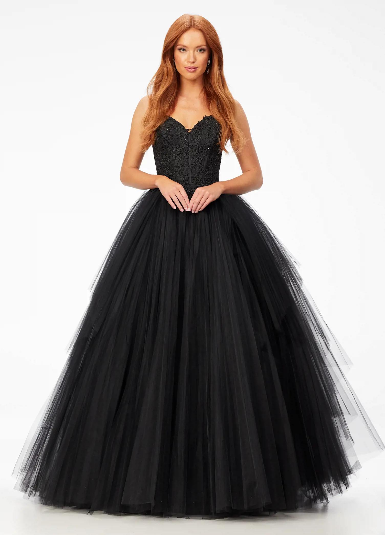 Black ASHLEYlauren 11146 Pleated Tulle Ball Gown with Spaghetti Straps, Embroidered Lace Bustier, Heat Set Stones, and Lace-Up Back