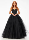 Black ASHLEYlauren 11146 Pleated Tulle Ball Gown with Spaghetti Straps, Embroidered Lace Bustier, Heat Set Stones, and Lace-Up Back
