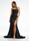 Black ASHLEYlauren 11162 Elegant Gown with Spaghetti Straps, Draped Bodice, Ruching, Left Leg Slit, and Lace-Up Back