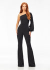 Black ASHLEYlauren 11168 One-Shoulder Crepe Jumpsuit with Statement Balloon Sleeve, Flared Pant Legs, and Exposed Zipper