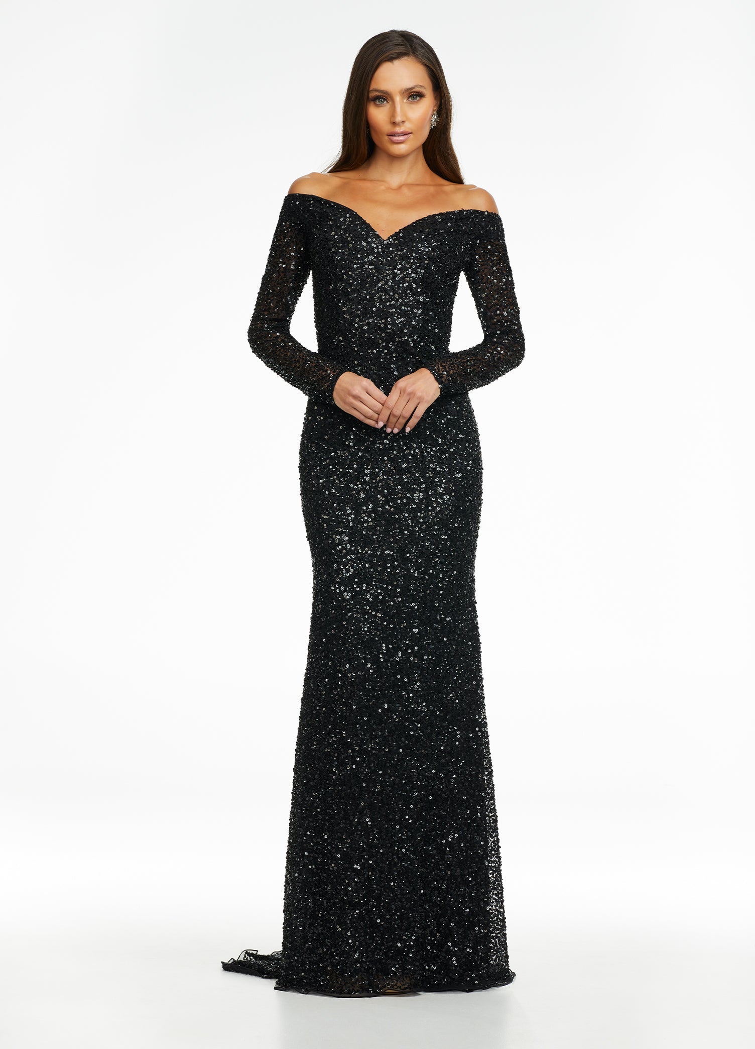 Black ASHLEYlauren 11176 off shoulder sequin gown featuring long sleeves, a fitted silhouette, an inner corset for added structure, and a sweeping train for a dramatic and glamorous look.