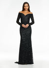 Black ASHLEYlauren 11176 off shoulder sequin gown featuring long sleeves, a fitted silhouette, an inner corset for added structure, and a sweeping train for a dramatic and glamorous look.
