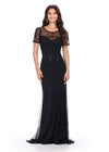 Black ASHLEYlauren 11215 Fully Hand Beaded Gown with Illusion Sweetheart Neckline, Intricate Sequin Motif, Short Sleeves, and Godet-Accented Mermaid Skirt