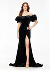 Black ASHLEYlauren 11217 – A magnificent off-shoulder velvet gown featuring oversized ruffle details, a contour seamed skirt with a left leg slit, and a dramatic train. Perfect for making a bold, elegant statement at any event.