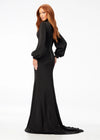 Back - Black ASHLEYlauren 11219 – An ultra-glamorous high neckline crepe gown featuring balloon sleeves, contoured seaming for a perfect silhouette, an exposed zipper back, and a sweeping train. Ideal for making a sophisticated statement at any event.