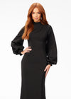 Black ASHLEYlauren 11219 – An ultra-glamorous high neckline crepe gown featuring balloon sleeves, contoured seaming for a perfect silhouette, an exposed zipper back, and a sweeping train. Ideal for making a sophisticated statement at any event.