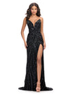 Black ASHLEYlauren 11236 strapless gown featuring a sweetheart neckline, modern floral sequin motif cascading down the bustier and skirt, and a left leg slit for a glamorous and head-turning look.