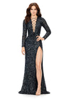 Black ASHLEYlauren 11241 Fully Sequin Fitted Gown with Lace-Up Bustier, Long Sleeves, and Left Leg Slit