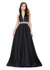 Black ASHLEYlauren 11249 elegant satin gown featuring a halter neckline, open back, and a crystal beaded accent belt for a timeless and sophisticated statement look.