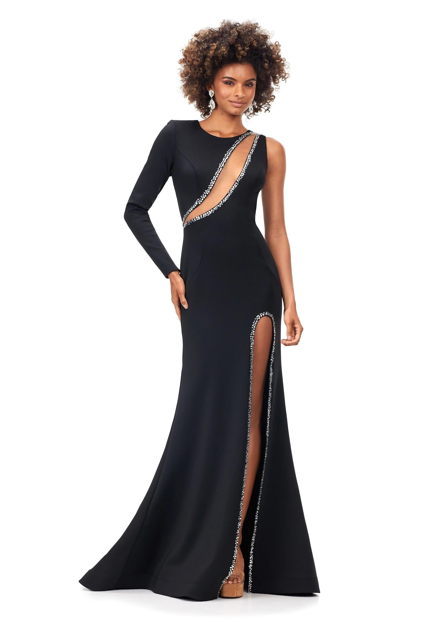 Black ASHLEYlauren 11272 one sleeve jersey gown featuring an illusion cut-out bustier, left leg slit, and press-on stone trim for a glamorous and modern look.