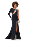 Black ASHLEYlauren 11272 one sleeve jersey gown featuring an illusion cut-out bustier, left leg slit, and press-on stone trim for a glamorous and modern look.