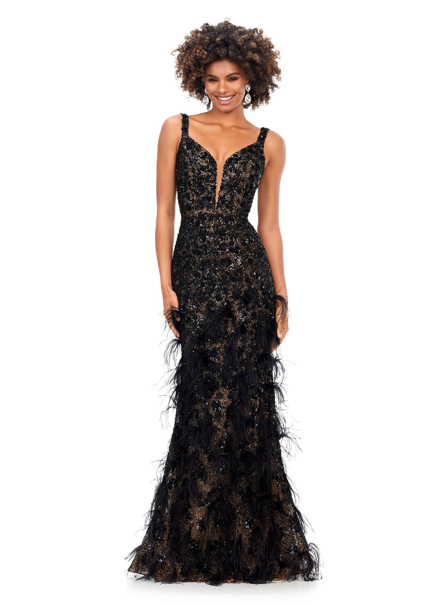 Black ASHLEYlauren 11279 fitted gown featuring a deep illusion V-neckline, fully hand-beaded design, and feather accents throughout the skirt.