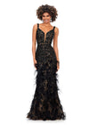 Black ASHLEYlauren 11279 fitted gown featuring a deep illusion V-neckline, fully hand-beaded design, and feather accents throughout the skirt.