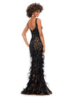 Back - Black ASHLEYlauren 11279 fitted gown featuring a deep illusion V-neckline, fully hand-beaded design, and feather accents throughout the skirt.