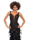 Close Up - Black ASHLEYlauren 11279 fitted gown featuring a deep illusion V-neckline, fully hand-beaded design, and feather accents throughout the skirt.