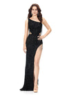 Black ASHLEYlauren 11280 daring one shoulder gown featuring an intricate bead pattern, scattered fringe accents, bold side cut outs, and a left leg slit for a striking and glamorous statement look.
