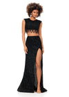 Black ASHLEYlauren 11282 glamorous two-piece fully sequin gown featuring a crew neckline, cap sleeves, intricate bead pattern draping from the bustier, and a fitted skirt with a left leg slit for a vintage-inspired, show-stopping look.