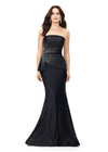 Black ASHLEYlauren 11295 strapless jersey gown featuring a wrap bustier adorned with press-on stones, a knot detail at the waist, and a sweep train for a sleek and elegant silhouette.