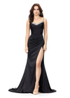 Black ASHLEYlauren 11298 satin gown featuring a modified sweetheart neckline with crystal trim, ruched bodice, wrap skirt with left leg slit, and lace-up back.