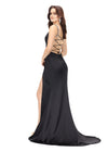 Black ASHLEYlauren 11298 satin gown featuring a modified sweetheart neckline with crystal trim, ruched bodice, wrap skirt with left leg slit, and lace-up back. Back