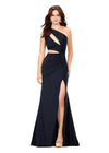 Black ASHLEYlauren 11303 One Shoulder Jersey Gown with Ruched Bodice, Asymmetrical Cut Outs, Fitted Wrap Skirt, and Exposed Metal Zipper Back
