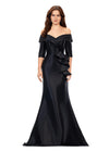 Black ASHLEYlauren 11324 Elegant Off Shoulder Fitted Mermaid Gown in Phantom Satin with Statement Ruffle Detail at the Hip