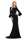 Black ASHLEYlauren 11325 Timeless Evening Gown with Scoop Neckline, Flutter Three Quarter Length Sleeves, Ruched Detailing, and Flowing Sweep Train