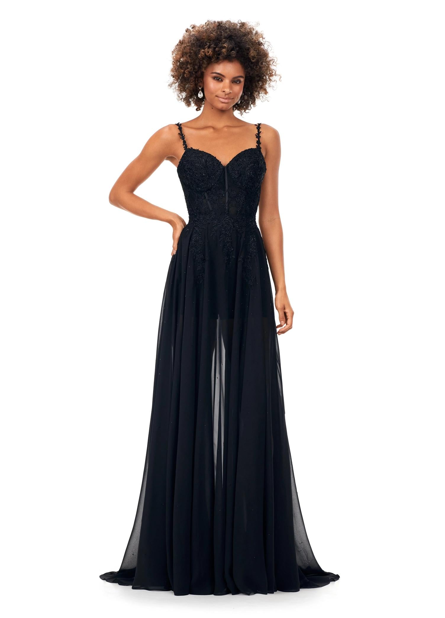 Black ASHLEYlauren 11333 lace romper featuring delicate spaghetti straps, lace applique adorned with heat set stones for added sparkle, and a detachable chiffon skirt for a versatile and elegant look.