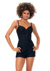Black ASHLEYlauren 11333 lace romper featuring delicate spaghetti straps, lace applique adorned with heat set stones for added sparkle, and a detachable chiffon skirt for a versatile and elegant look.