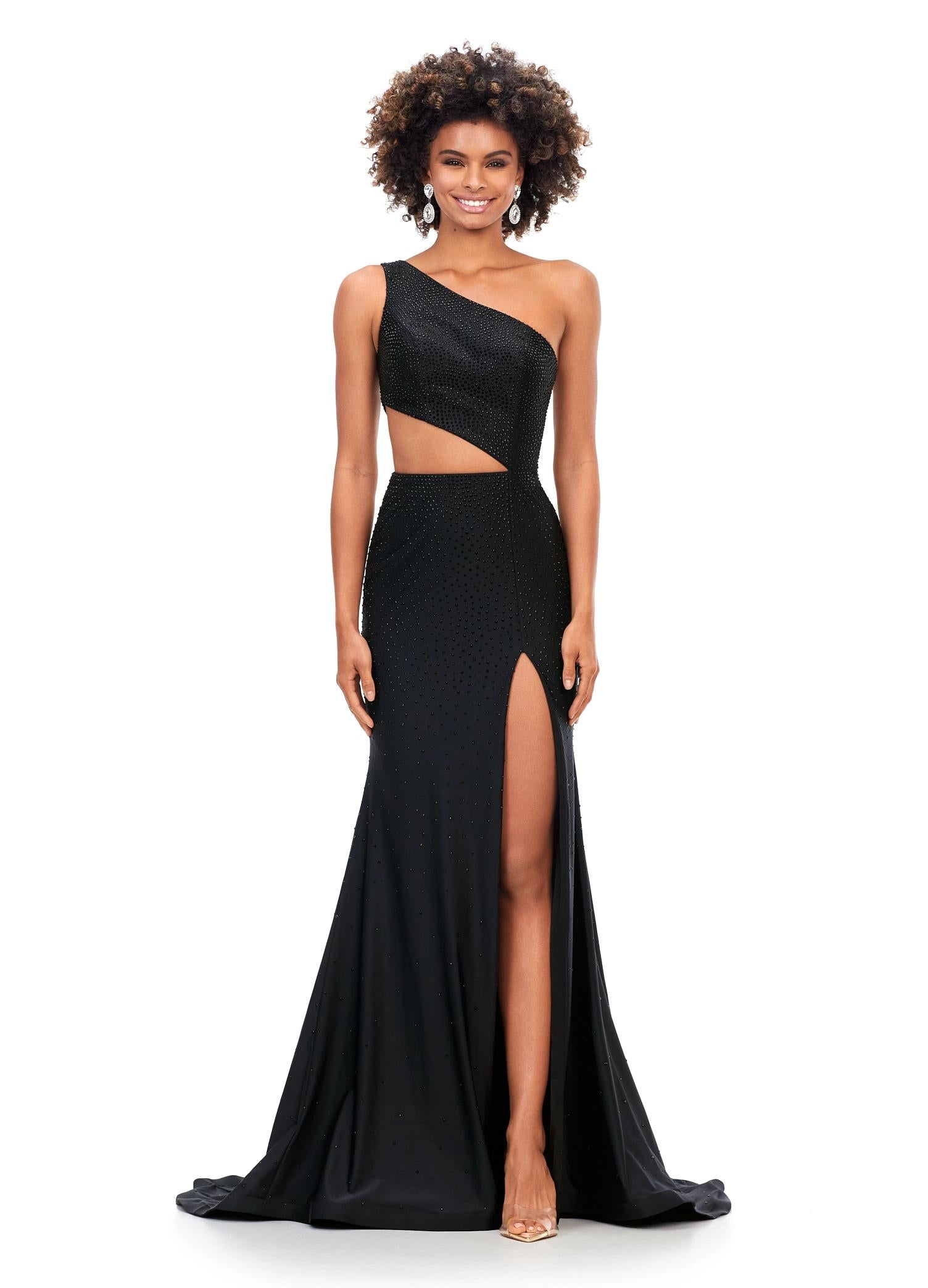 Black ASHLEYlauren 11337 One Shoulder Fitted Jersey Gown Embellished with Heat Set Stones, Asymmetrical Shark Bite Cut Out, and Left Leg Slit