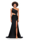 Black ASHLEYlauren 11337 One Shoulder Fitted Jersey Gown Embellished with Heat Set Stones, Asymmetrical Shark Bite Cut Out, and Left Leg Slit