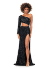 Black ASHLEYlauren 11340 sequin one shoulder gown featuring a single sleeve, shark bite cut-out, wrap skirt, and left leg slit for a striking and glamorous look.