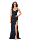 Black ASHLEYlauren 11342 sequin gown featuring double spaghetti straps, a sweetheart neckline, lace-up back with beaded fringe tassels, and a left leg slit for a glamorous and elegant look.
