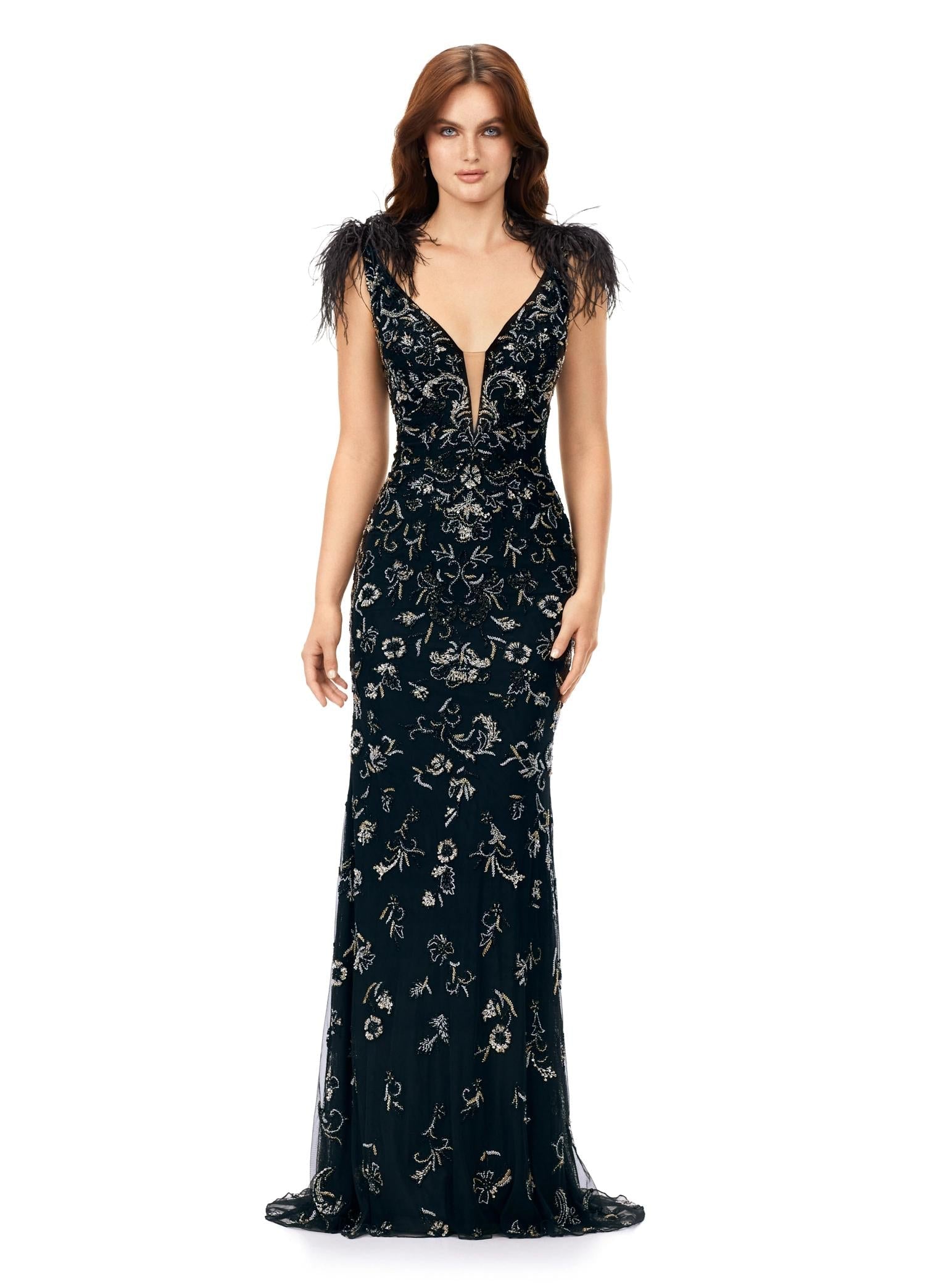 Black ASHLEYlauren 11349 beaded gown featuring a V-neckline, feather shoulder details, V-back, and a sweep train for an elegant and dramatic look.