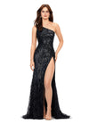 Black ASHLEYlauren 11350 one shoulder hand-beaded gown featuring an asymmetric bead pattern to accentuate curves, feather details near the hemline, and a left leg slit for a bold and glamorous look.