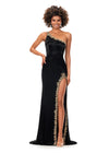 Black ASHLEYlauren 11352 liquid beaded gown featuring a one shoulder neckline with crystal trim, a left leg slit, and a sweep train for an elegant and sophisticated look.
