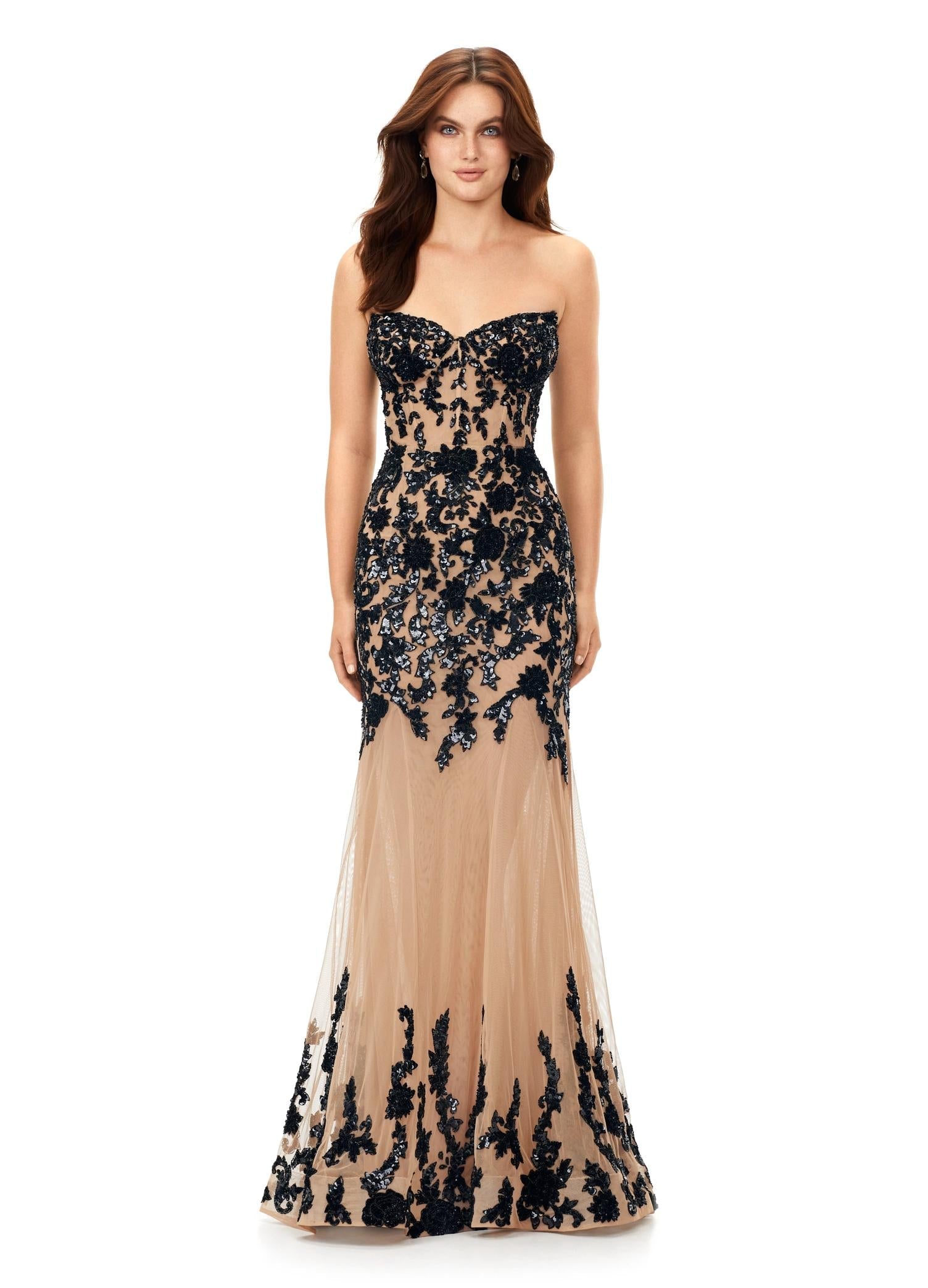 Black ASHLEYlauren 11361 strapless mermaid gown featuring an intricate hand-beaded bustier, sweetheart neckline, illusion lining, and a horsehair hemline for added structure.