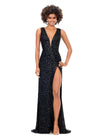Black ASHLEYlauren 11373 stunning fitted gown featuring a deep V-neckline, lace-up open back, fully hand-beaded design, and a left leg slit, available in vibrant colors for a bold and head-turning look.