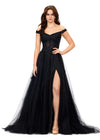 Black ASHLEYlauren 11376 fairytale-inspired off-shoulder gown featuring an illusion corset bodice, delicate 3D lace flower appliques cascading throughout layers of tulle, and a left leg slit for an ethereal and romantic look.