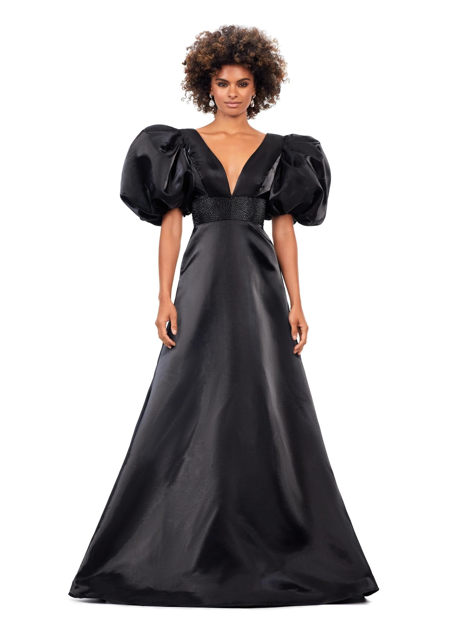 Black ASHLEYlauren 11378 Elegant Shimmer Satin A-Line Gown with V-Neckline, V-Back, Oversized Puff Sleeves, and Heat Set Detailed Waistband