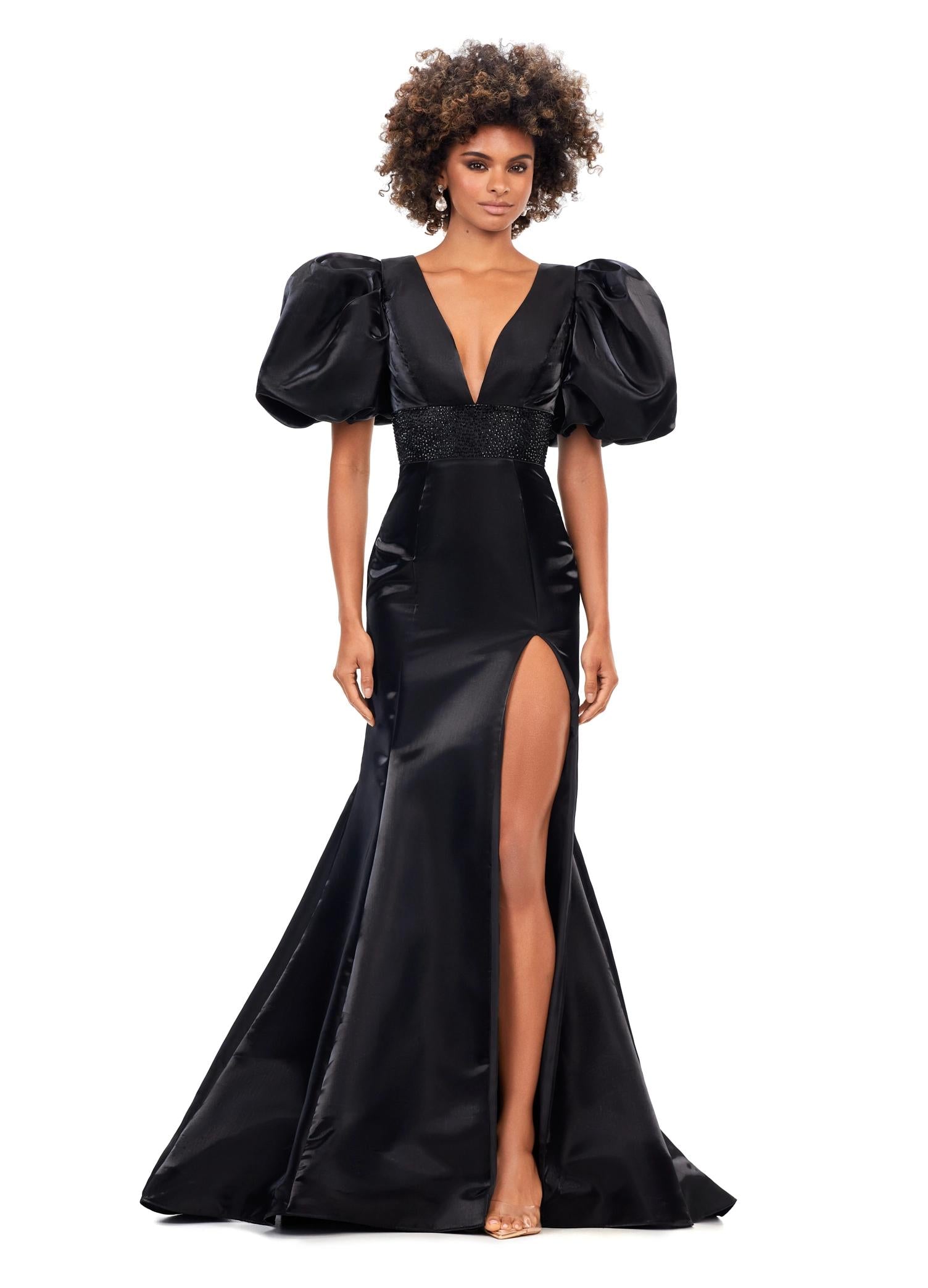 Black ASHLEYlauren 11379 Shimmer Satin Fitted Gown with V-Neckline, Lace-Up Back, Oversized Puff Sleeves, and Scattered Heat Set Stone Waistband