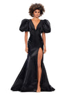 Black ASHLEYlauren 11379 Shimmer Satin Fitted Gown with V-Neckline, Lace-Up Back, Oversized Puff Sleeves, and Scattered Heat Set Stone Waistband