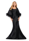 Black ASHLEYlauren 11381 Fit and Flare Phantom Satin Gown with Modern Scoop Neckline, Feather Detailed Flare Sleeves, and Horsehair Hem Skirt
