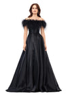 Black ASHLEYlauren 11382 Elegant Off Shoulder Ball Gown in Phantom Satin with Feather Accent Neckline and Flowing A-Line Skirt