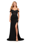 Black ASHLEYlauren 11391 standout evening gown featuring a sweetheart neckline, off shoulder straps, beaded corset details, and a sleek jersey skirt for an elegant and sophisticated look.