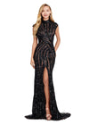 Black ASHLEYlauren 11395 fully beaded sequin gown featuring an intricate beaded motif, high neckline, cap sleeves, and a modest front slit for an elegant and regal look.