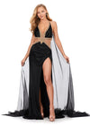 Black ASHLEYlauren 11399 stunning gown featuring a halter neckline, intricate liquid beading, crystal-accented illusion cut outs, and a dramatic chiffon cape for a glamorous and show-stopping look.