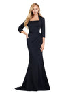 Black ASHLEYlauren 11418 Elegant Fitted Scuba Gown with Classic Square Neckline, Three Quarter Length Sleeves, Tonal Waist Belt, and Mermaid Skirt